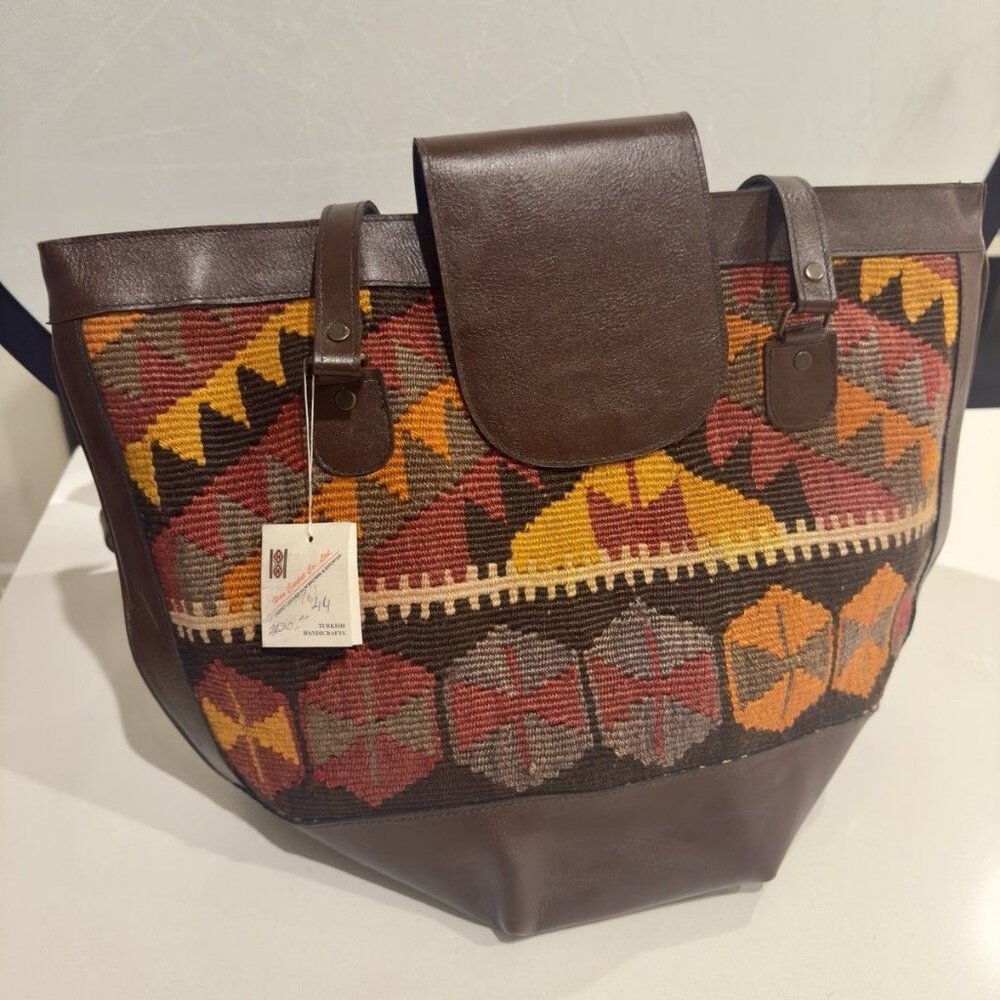 Vintage Boho Turkish Kilim Wool Tote Bag - Unique Multicolor Design